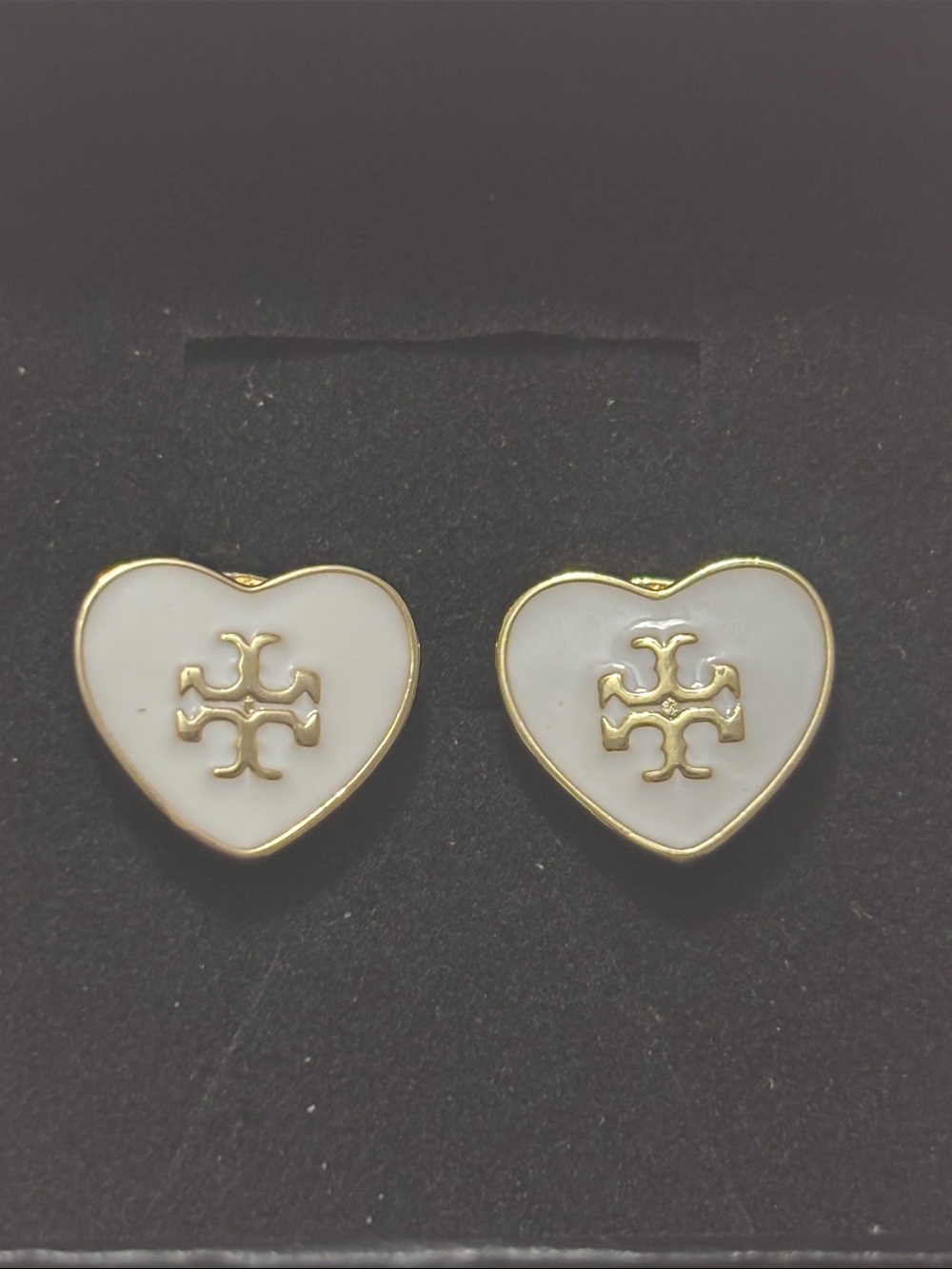 Tory Burch Heart Enamel Logo Stud Earrings in White and Gold